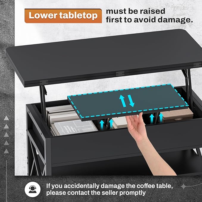 Itaar 40" Lift Top Coffee Table, 4 in 1 Coffee Tables with Storage for Living Room, Small Farmhouse Coffee Table with 2 Drawers & LED Light for Dining Reception Room, Black