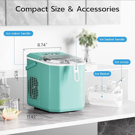 ZAFRO Countertop Ice Maker, 26.5Lbs/24H, 9 Bullet Cubes in 6 Mins, Self-Cleaning Portable Ice Machine with 2 Ice Sizes (S/L), Quiet Compact Design, Double Handles, for Home, Party, RV, Camping, Green