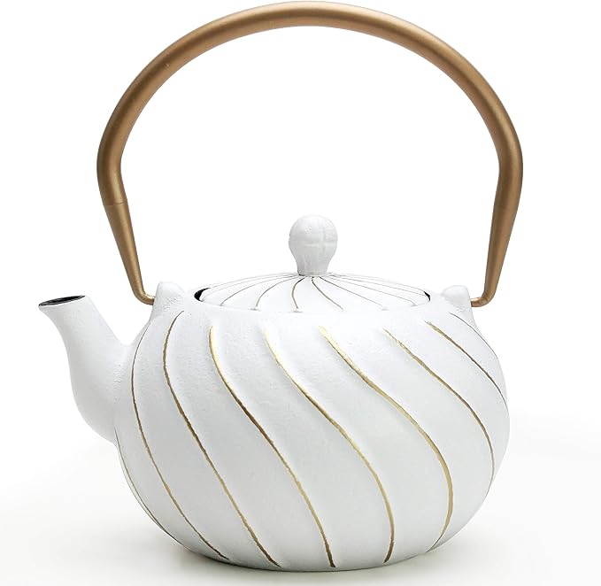 Tea Kettle, TOPTIER Japanese Cast Iron Teapot with Stainless Steel Infuser, Cast Iron Tea Kettle Stovetop Safe, Wave Design Tea Pot Coated with Enameled Interior for 30 Ounce (900 ml), White