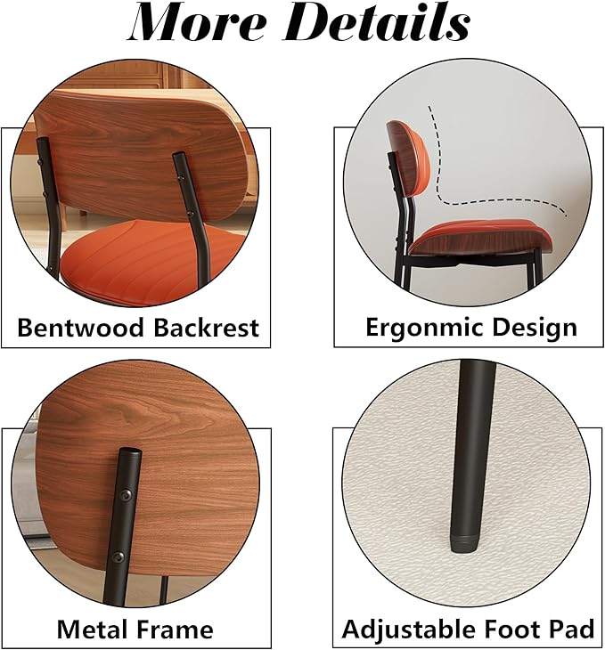 Modern PU Leather Dining Room Chairs Set of 4, Upholstered Kitchen Chairs with Walnut Bentwood Back and Metal Legs Adjustable Feet for Kitchen Dining Room(Orange)