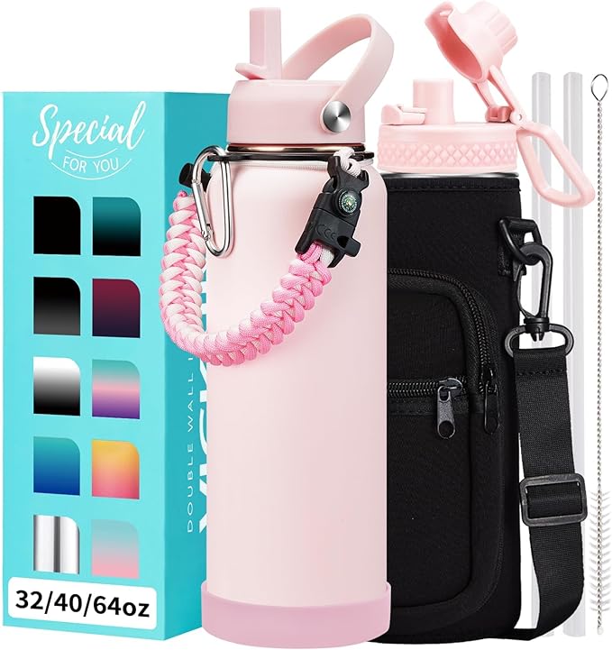 Pink 40 oz Insulated Water Bottle - with Straw Spout Lids, Triple Wall Stainless Steel Water Bottles Cold 48H Hot 24H, Wide Mouth Hydro Bottle Metal Flask with Handle, Strap Carrier Bag for Women