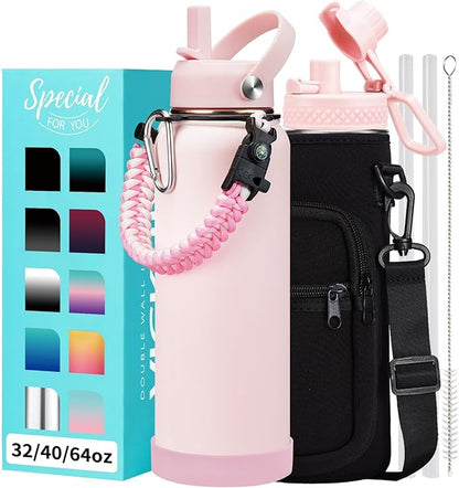 Pink 40 oz Insulated Water Bottle - with Straw Spout Lids, Triple Wall Stainless Steel Water Bottles Cold 48H Hot 24H, Wide Mouth Hydro Bottle Metal Flask with Handle, Strap Carrier Bag for Women