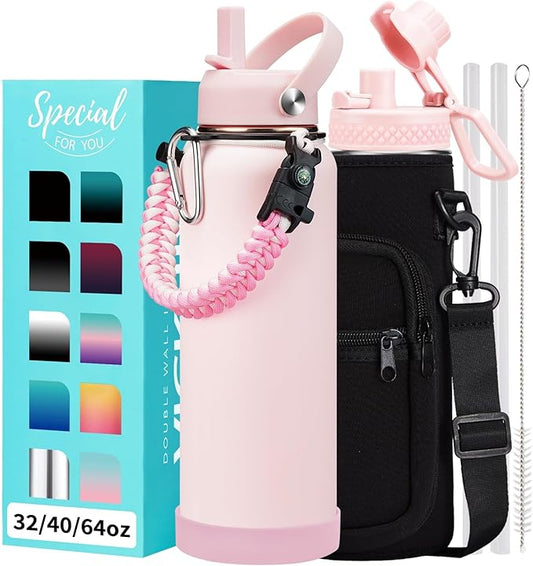 Pink 40 oz Insulated Water Bottle - with Straw Spout Lids, Triple Wall Stainless Steel Water Bottles Cold 48H Hot 24H, Wide Mouth Hydro Bottle Metal Flask with Handle, Strap Carrier Bag for Women