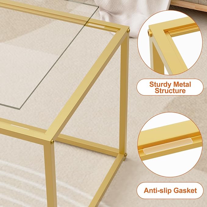 Glass Coffee Table for Living Room, Morden Center Table for Small Space,Simple Tea Cocktail Coffee Table with Clear Glass Top & Metal Frame, Easy Assembly,Gold