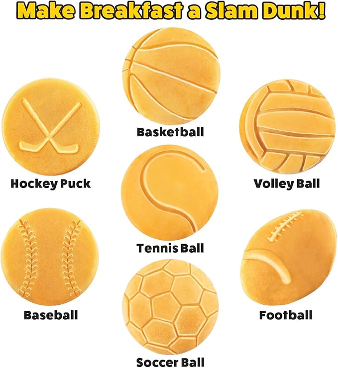 Sports Waffle Maker- Make Breakfast a Slam Dunk- Bakes 7 Themed Pancakes Including Football, Baseball, Basketball, Soccer, Tennis & More- Electric Nonstick Waffler- Unique Gift for Boys, Girls & Kids