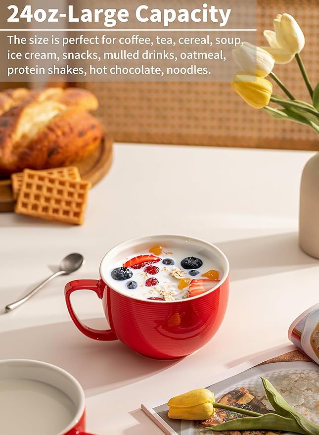 Teocera Red Mugs Set of 4, 24oz Jumbo Mugs, Large Coffee Mugs for Coffee, Hot Cocoa, Tea - Striped Design - Microwave Safe, Christmas Gift