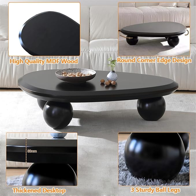 Cute Cloud Coffee Table, Modern Coffee Tables for Living Room, Easy Assembly, Round Edge Irregular Tea Table End Table, Funky Contemporary Low Coffee Table for Bedroom (Black Oval, L41)