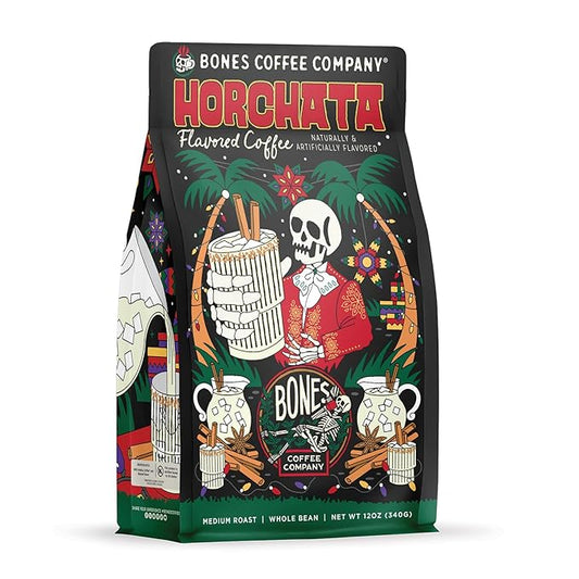 Bones Coffee Company Horchata Flavored Coffee, Medium Roast Low Acid Arabica Beans Compatible with Auto drip and French Press Coffee Maker, 12 Oz Whole Bean