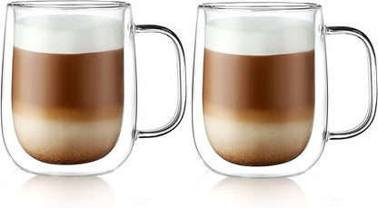 CNGLASS Large Double Wall Glass Coffee Mug 15.2oz,Clear Insulated Glass Espresso Cup with Big Handle,set of 2