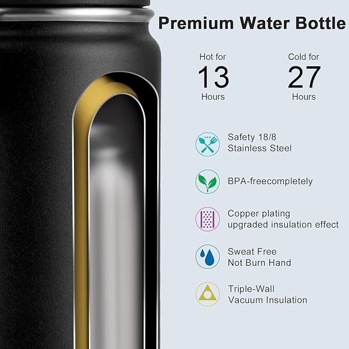 koodee Water Bottle for School-12 oz Stainless Steel Vacuum Insulated Wide Mouth Water Flask with Leakproof Spout Lid (Black)