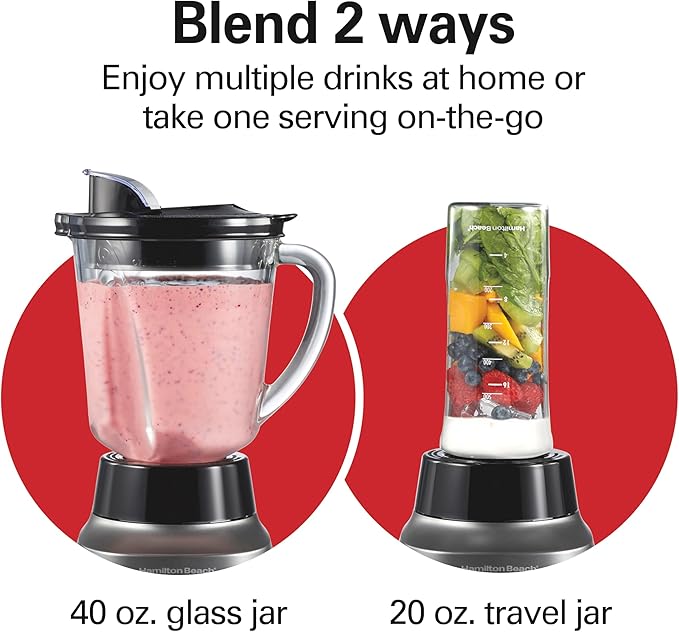 Hamilton Beach Wave Action Blender for Smoothies, Stainless Steel Ice Sabre Blades, 40oz Glass Jar, 20oz Blend-In Portable Travel Jar, 800 Watts, Quiet Design, Gray (58181)