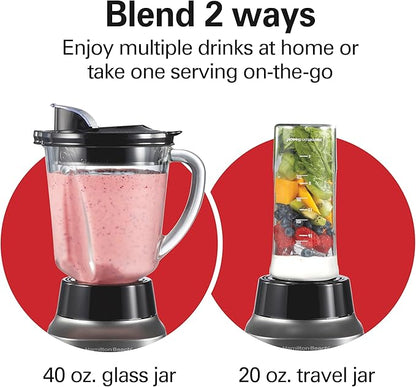 Hamilton Beach Wave Action Blender for Smoothies, Stainless Steel Ice Sabre Blades, 40oz Glass Jar, 20oz Blend-In Portable Travel Jar, 800 Watts, Quiet Design, Gray (58181)