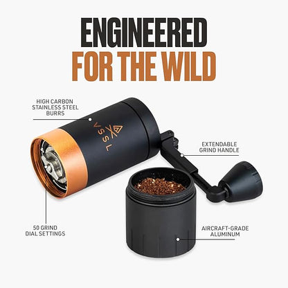 Java G25 Manual Coffee Grinder | Coffee for Camping | Bean Grinder | Travel Pour Over | Stainless Steel Conical Burr | ~ 25 Gram Capacity | Extendable Grind Handle | 50 Grind Settings | Carbon