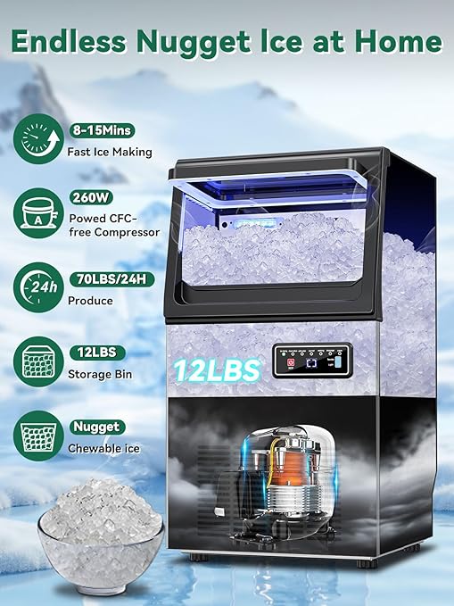 Commercial Nugget Ice Maker Machine with 12Lbs Storage Bin, 70Lbs/24H Stainless Steel Undercounter/Freestanding Pellet Crushed Chewable Ice Maker with Self-Cleaning for Home, Party, Office