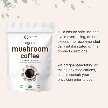 Organic Instant 10 in 1 Mushroom Coffee Powder, 28 Ounce (317 Servings) | Weight & Immune Support | Premium Arabica Coffee with Lion’s Mane, Chaga, Reishi,& More