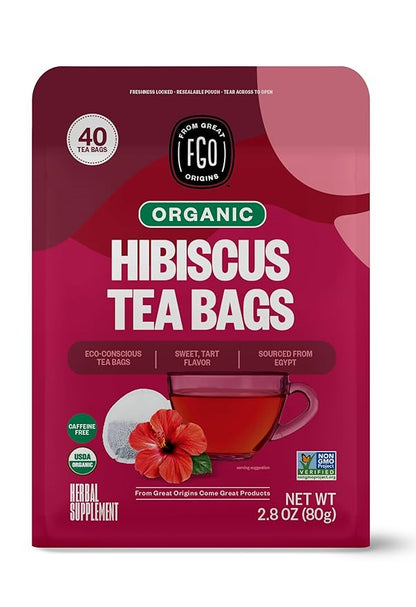 FGO Organic Hibiscus Herbal Tea, 40 Count, Eco-Conscious Tea Bags, Caffeine Free (Pack of 1)