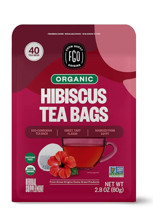 FGO Organic Hibiscus Herbal Tea, 40 Count, Eco-Conscious Tea Bags, Caffeine Free (Pack of 1)