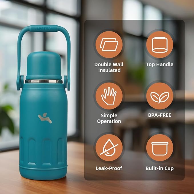 Insulated Water Bottle with Handle and Strap,Vacuum Travel Tumbler with Cup Lid,Thermo Coffee Cup for Hot Cold Drinks 27 OZ,Lake Blue