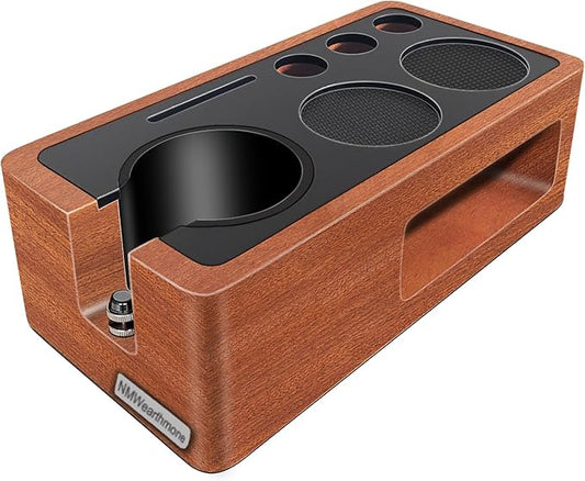 NMWearthmone Espresso Tamping Station,Solid Wood Espresso Accessories Organizer,Multi-Functional Coffee Accessories Tamper Station,Espresso Station Fit For Standard Portafilter (Upgraded Red, 51-58mm)