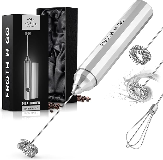 Zulay Froth N Go Milk Frother Rechargeable - 3-in-1 Frother Wand With Case & USB-C Charger - Comes With 3 Whisk Attachments for Latte, Cappuccino, Matcha, Protein Shakes - Silver