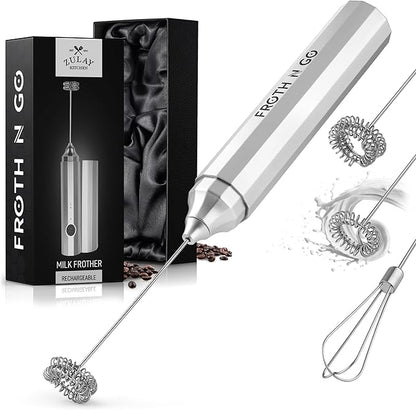 Zulay Froth N Go Milk Frother Rechargeable - 3-in-1 Frother Wand With Case & USB-C Charger - Comes With 3 Whisk Attachments for Latte, Cappuccino, Matcha, Protein Shakes - Silver