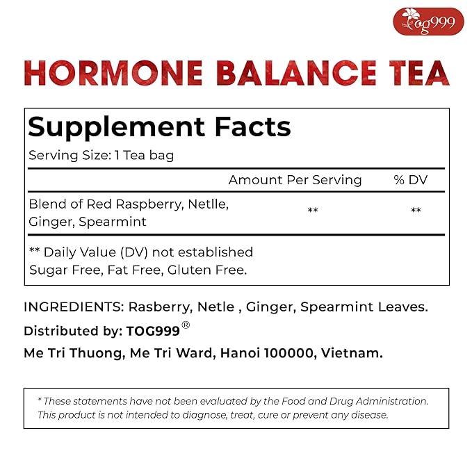 TOG999, 60 Tea Bags for Hormone Balance Menstrual Cycle Support, 100% Natural & Pure from Red Raspberry Leaves with Spearmint Flavor. Natural Material Tea Bags. No Sugar, No Caffeine, Vegan. (60 Teabags)