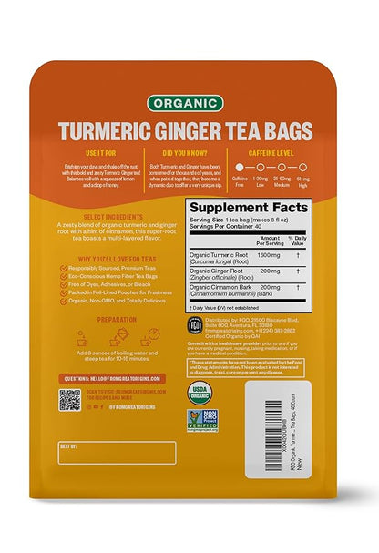 FGO Organic Turmeric Ginger Herbal Tea, 40 Count, Eco-Conscious Tea Bags, Caffeine Free (Pack of 1)