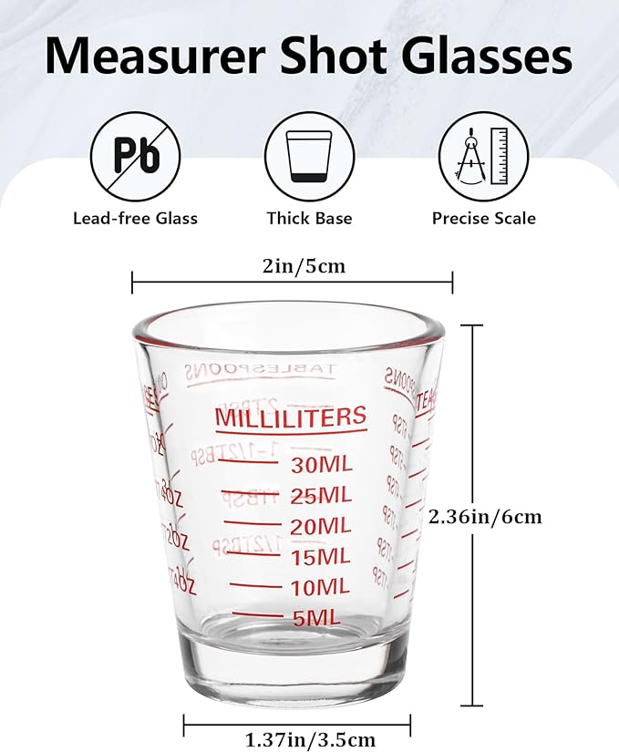 Shot Glasses Measuring Cup Set 2PACK Espresso Shot Glasses Liquid Heavy Glass 26-Incremental Measurement 1 OZ, 2 TBS, 6 TSP, 30 ML Kitchen Tools (Red)