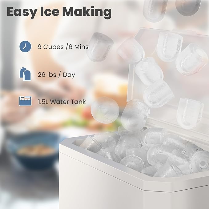 DUMOS Countertop Ice Maker, Portable 1.5L Ice Machine with Self-Cleaning, 26.5lbs/24H Fast Ice Making, 9 Bullet Ice Cubes in 6 Mins, 2 Size Options, Quiet Compact Ice Maker, Bright White