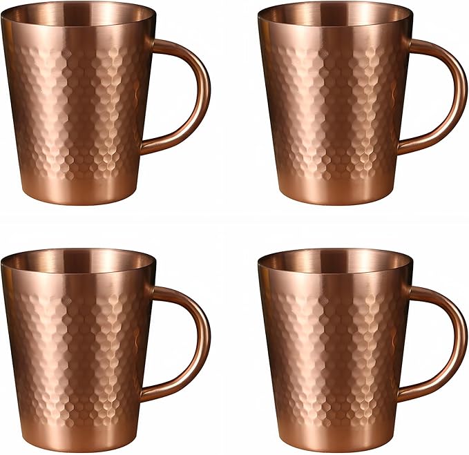 YJX 5.9oz Mugs Set of 4, Hammered 304 Stainless Steel Coffee Cups, Double Wall Insulated Mug, Copper Tea Cup with Handle, Lightweight Teacups, for Tea, Cold Drinks, Beer, Wine, Bars, Parties(175ml)
