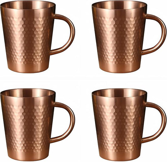 YJX 5.9oz Mugs Set of 4, Hammered 304 Stainless Steel Coffee Cups, Double Wall Insulated Mug, Copper Tea Cup with Handle, Lightweight Teacups, for Tea, Cold Drinks, Beer, Wine, Bars, Parties(175ml)