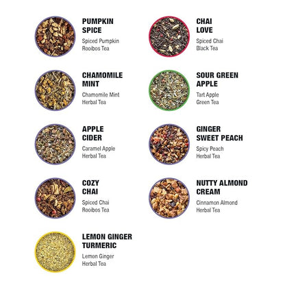 Tiesta Tea - Fall Medley Tea Sampler Dry Flight Set, Loose Leaf, No Caffeine, Makes Hot & Iced, Assorted Brew Sets with Herbal, Black, Fruit, Chai Blend & More, 9 Resealable Sample Pouches