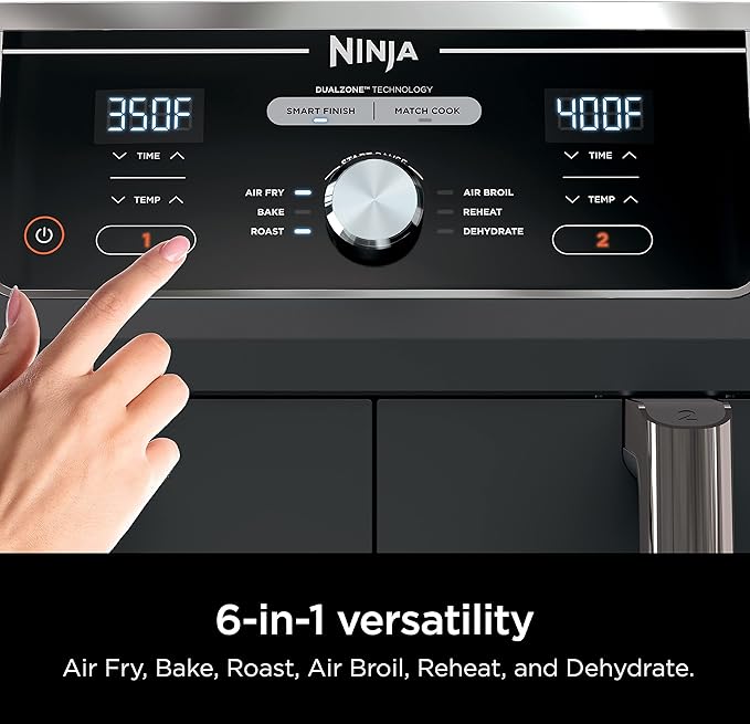 Ninja DZ401 Foodi 10 Quart 6-in-1 DualZone XL 2-Basket Air Fryer with 2 Independent Frying Baskets, Match Cook & Smart Finish to Roast, Broil, Dehydrate for Quick, Easy Family-Sized Meals, Grey