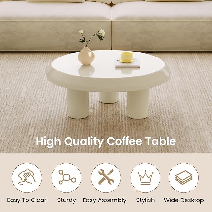 Round Coffee Table, White Cream Modern Center Table, Side Table for Living Room, Bedroom, Home Office, Small Space