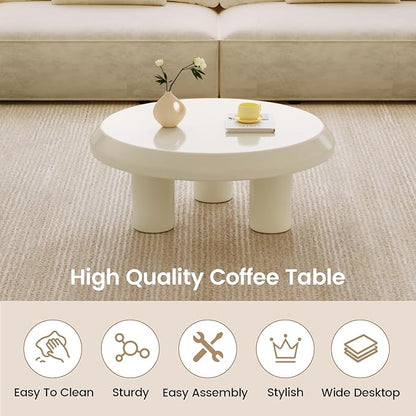 Round Coffee Table, White Cream Modern Center Table, Side Table for Living Room, Bedroom, Home Office, Small Space