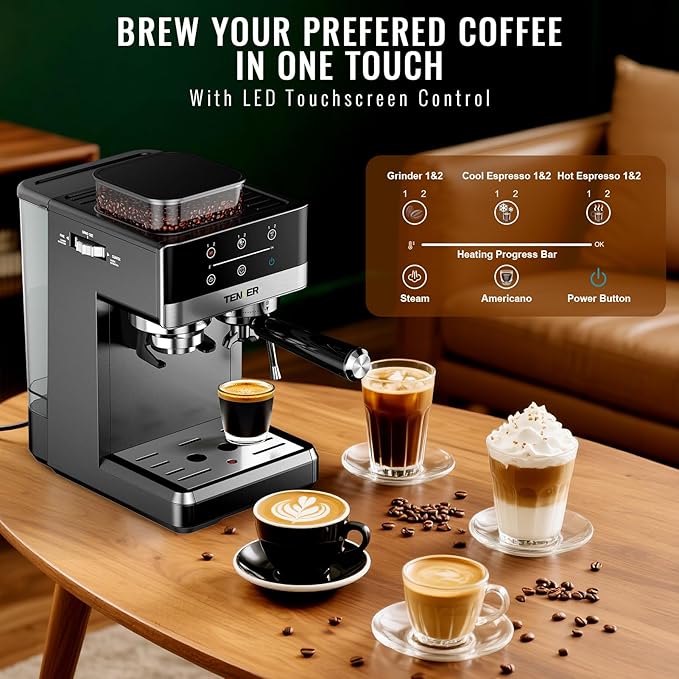 TENKER Espresso Machine with Grinder, 20 Bar Coffee Machine with Milk Frother for Home, All-in-One Stainless Steel Coffee Maker to Make Latte, Cappuccino, Hot or Cold Brew Iced Coffee, Americano