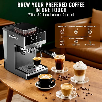 TENKER Espresso Machine with Grinder, 20 Bar Coffee Machine with Milk Frother for Home, All-in-One Stainless Steel Coffee Maker to Make Latte, Cappuccino, Hot or Cold Brew Iced Coffee, Americano