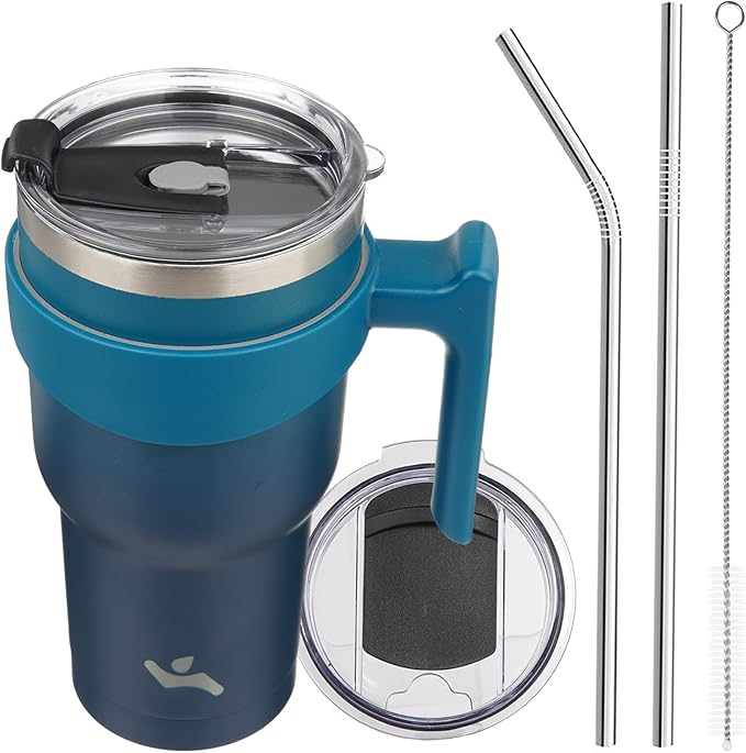 30 oz Tumbler with Handle and 2 Straw 2 Lid, Insulated Water Bottle Stainless Steel Vacuum Cup Reusable Travel Mug,Indigo Black