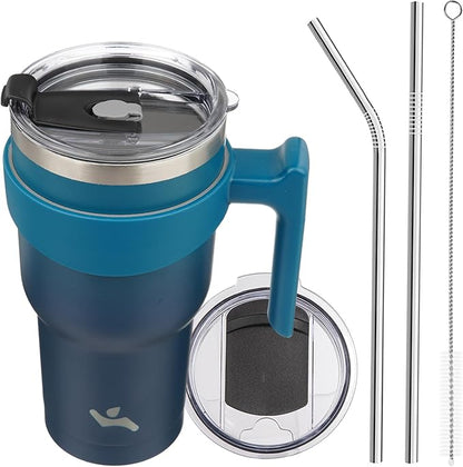 30 oz Tumbler with Handle and 2 Straw 2 Lid, Insulated Water Bottle Stainless Steel Vacuum Cup Reusable Travel Mug,Indigo Black