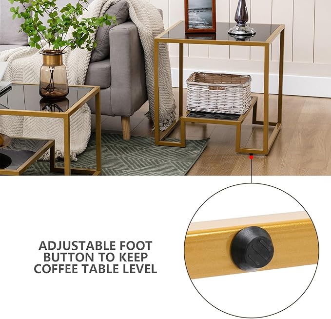 COSVALVE Simple Modern Glass 3-Piece Table Set, Includes Coffee Table and 2 End Tables, Brass