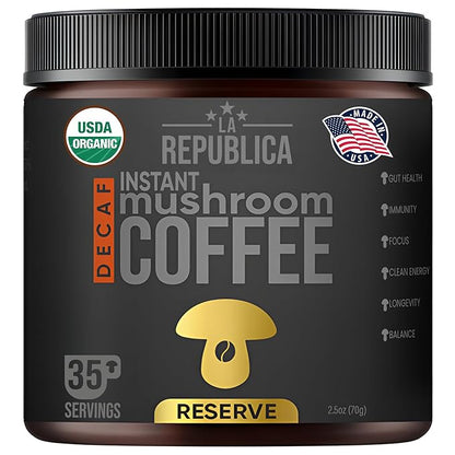 La Republica Founders Reserve Decaf Instant Mushroom Coffee Organic (35 Servings), Premium 50% More Shrooms, Rich Flavor
