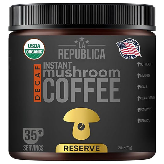 La Republica Founders Reserve Decaf Instant Mushroom Coffee Organic (35 Servings), Premium 50% More Shrooms, Rich Flavor