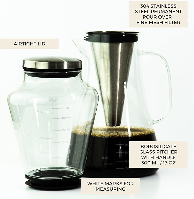 Ice Dripper Cold Brew Coffee Maker - Fire Toughened Borosilicate Glass Pitcher - 304 Stainless Steel Filter - 500ml - Cafe Crush Club