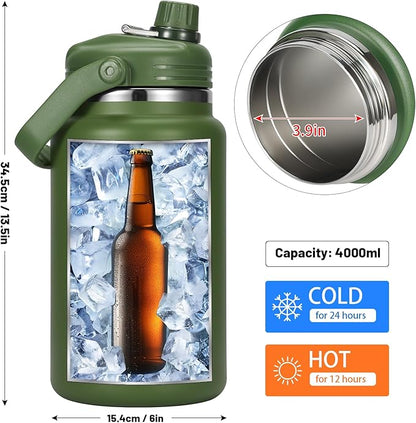 1 Gallon Thermosflask with Straw, 135oz Stainless Steel Insulated Water Bottle，4L Oversized Double Wall Vacuum Jug with Handle for Hot Cold Drinks, Wide mouth Icebuckets for Hiking Sports(Green)