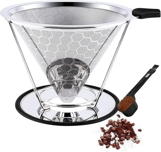 Pour Over Coffee Dripper, Reusable Cone Coffee Filter 1-4 cup, Stainless Steel Portable Coffee Filters Coffee Maker with Cleaning Brush for Home Office Travel Camping
