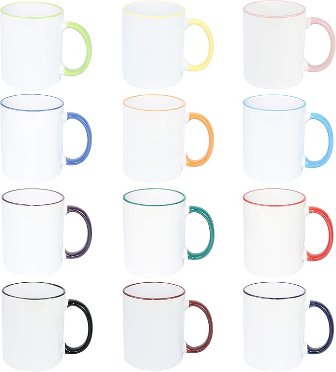 11oz White Ceramic Sublimation Coffee Mug Mixed 12 Colors Rim & Handle, Case of 12