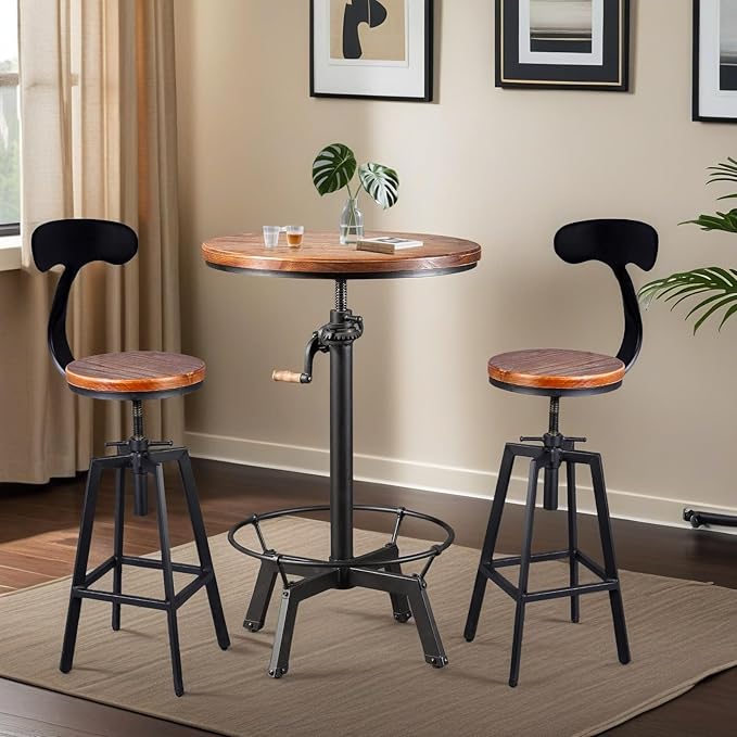 Small Kitchen Table Set, Modern Round Table and Stools for 2, Industrial Bar Stools with Backrest Height Adjustable