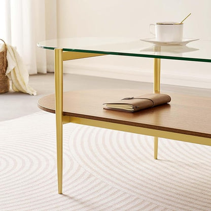 Oval Glass Coffee Table, Mid-Century Modern Design, L41 x W21 x H17 inch, for Living Room, 2-Tier Structure, Clear Glass Top and Walnut Finish Wood Shelf, Conical Legs with Gold Finish Frame