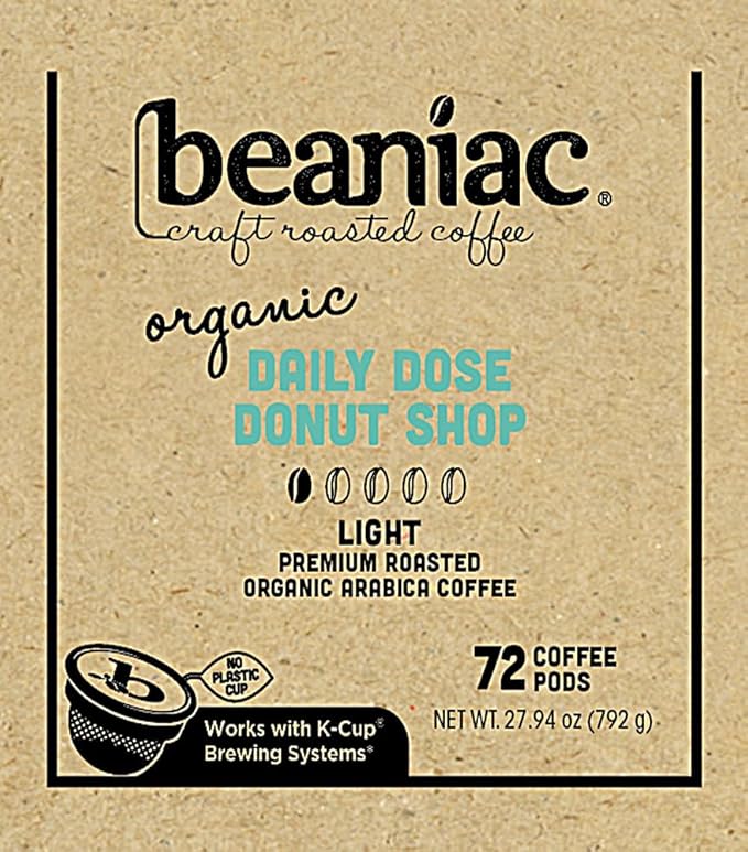 beaniac Organic Daily Dose Donut Shop, Light Roast, Single Serve Compostable K Cup Coffee Pods, Organic Arabica Coffee, Keurig Brewer Compatible, 72 Count