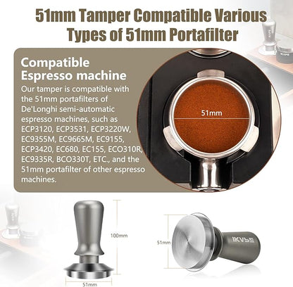IKAPE 51MM Palm Espresso Tamper, Premium Barista Coffee Tamper with Calibrated Spring Loaded, 100% Flat Stainless Steel Base Tamper for Espresso Machine